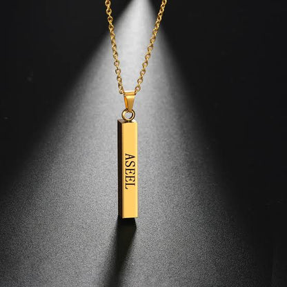Two customizable bar necklaces with adjustable chains from Muhva Store, shown in a close-up on a white background.