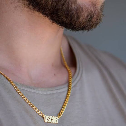 Personalized name necklace from Muhva Store featuring a sleek chain and custom engraved name pendant on a neutral background.