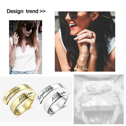 Customized engraved name ring from Muhva Store, featuring a sleek silver band with personalized engraved text.