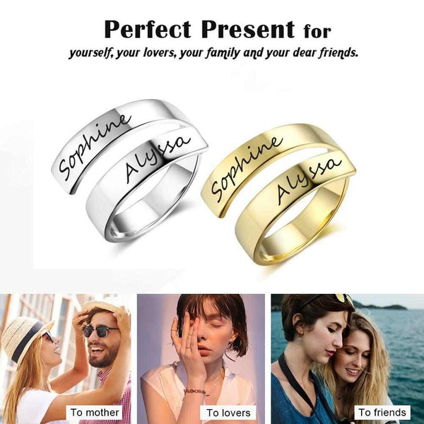 Customized engraved name rings by Muhva Store featuring personalized metal bands with engraved names and sleek design.