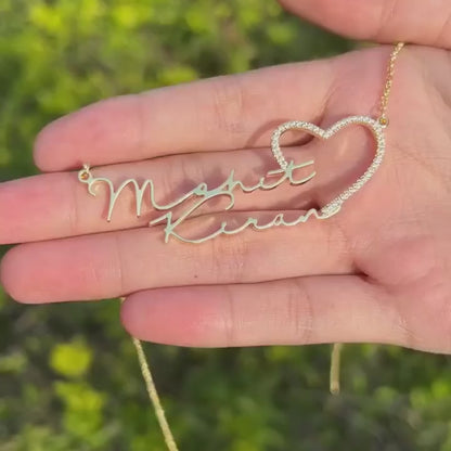 Diamond Double Name Necklace With Heart