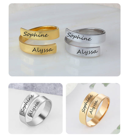 Customized engraved name ring from Muhva Store featuring a sleek silver band with personalized engraved text.