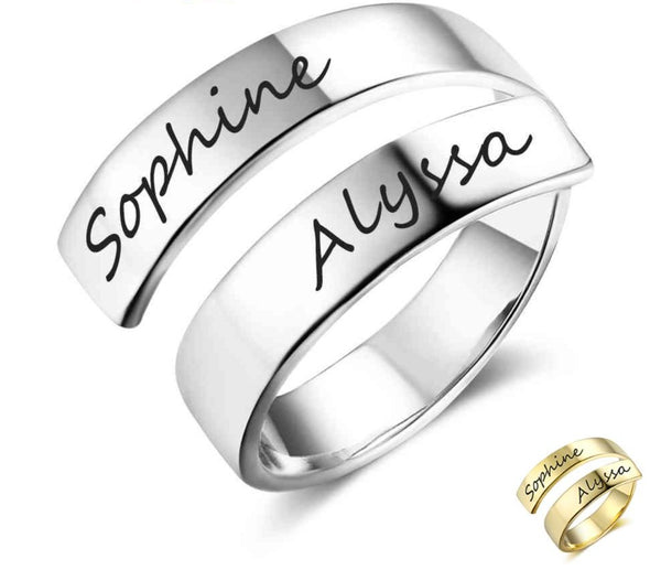 Custom engraved name rings from Muhva Store, showcasing personalized silver bands with engraved names on a white background.