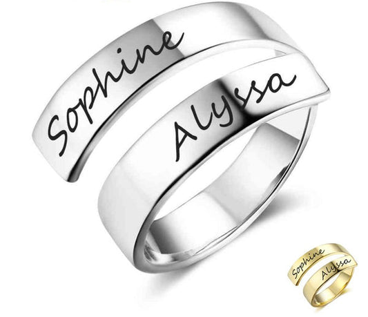 Custom engraved name rings from Muhva Store, showcasing personalized silver bands with engraved names on a white background.