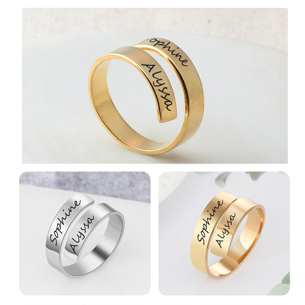 Custom engraved name rings by Muhva Store featuring personalized metal bands with engraved names on sleek, stylish jewelry.