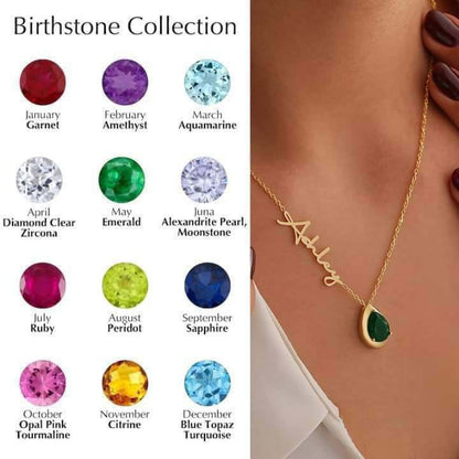 Custom name birthstone necklace featuring a personalized name pendant and a sparkling birthstone charm on a delicate chain.